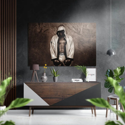 Vintage boxer in white robe on sepia canvas, brushed aluminium dibond print