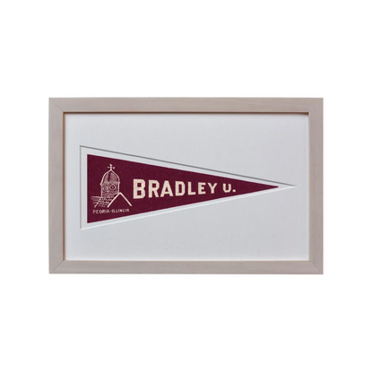 Vintage Bradley University maroon and white pennant flag in gray frame