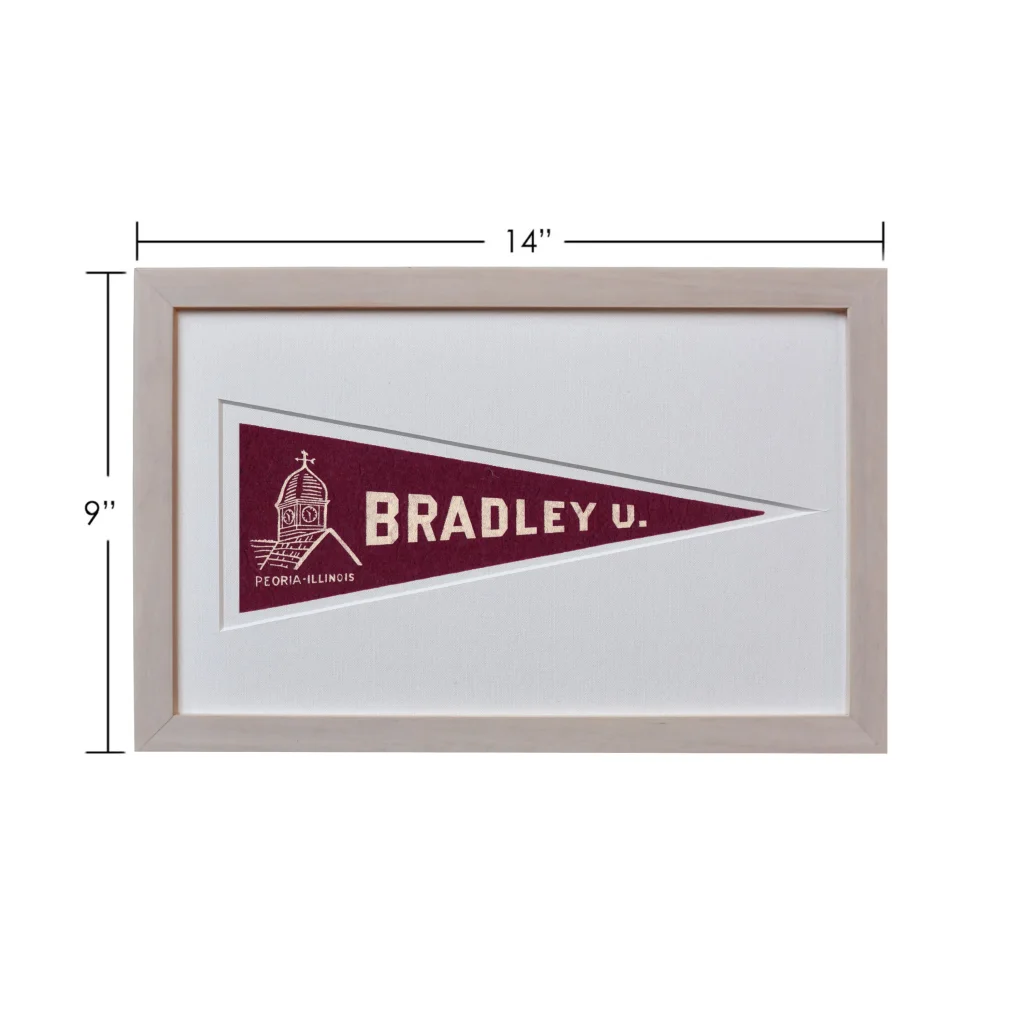 Vintage Bradley University 1950s maroon and white pennant flag in frame