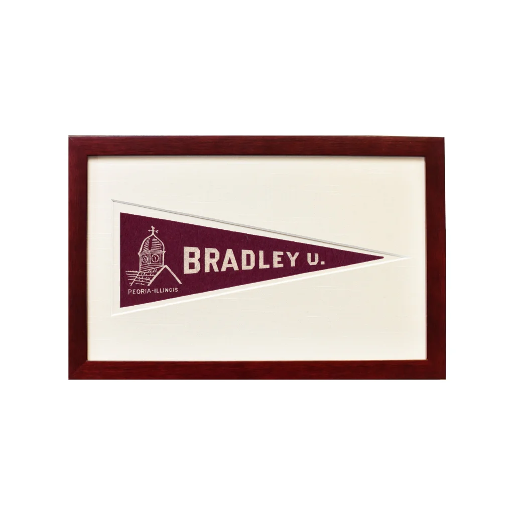 Vintage Bradley University 1950s maroon and white pennant flag in framed wall art