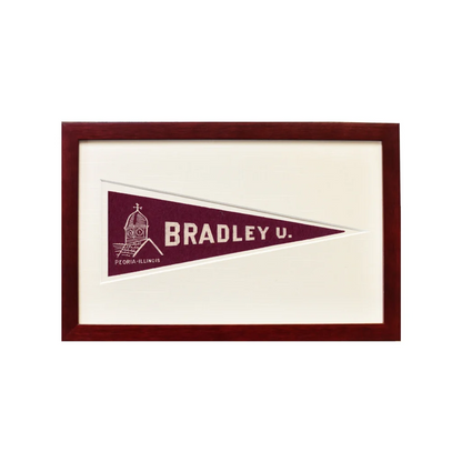 Vintage Bradley University 1950s maroon and white pennant flag in framed wall art