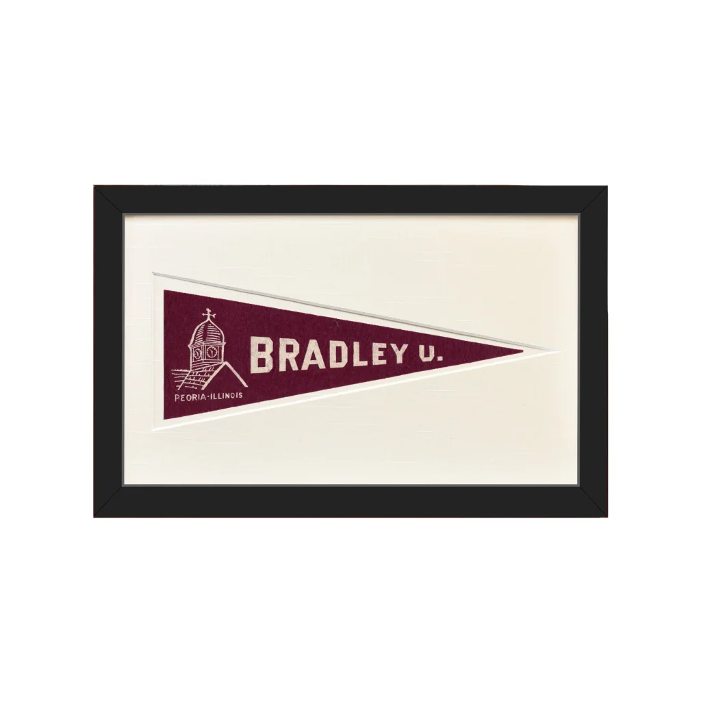 Vintage Bradley University maroon and white pennant flag in black frame