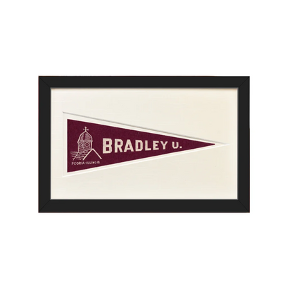 Vintage Bradley University maroon and white pennant flag in black frame