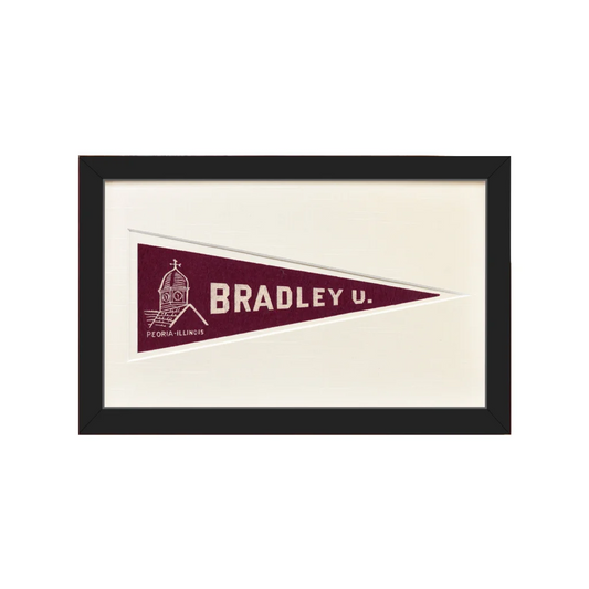 Vintage Bradley University maroon and white pennant flag in black frame
