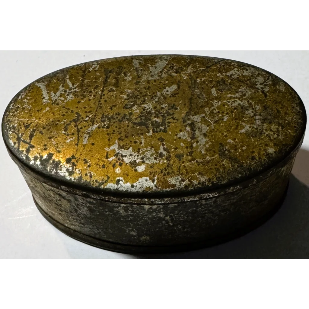 Vintage brass tin box for personal items in antique gold foil oval design