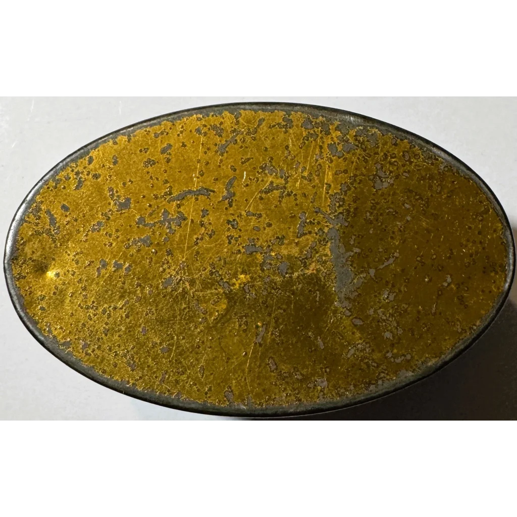 Gold textured belt buckle with black edges, silver accents for personal items