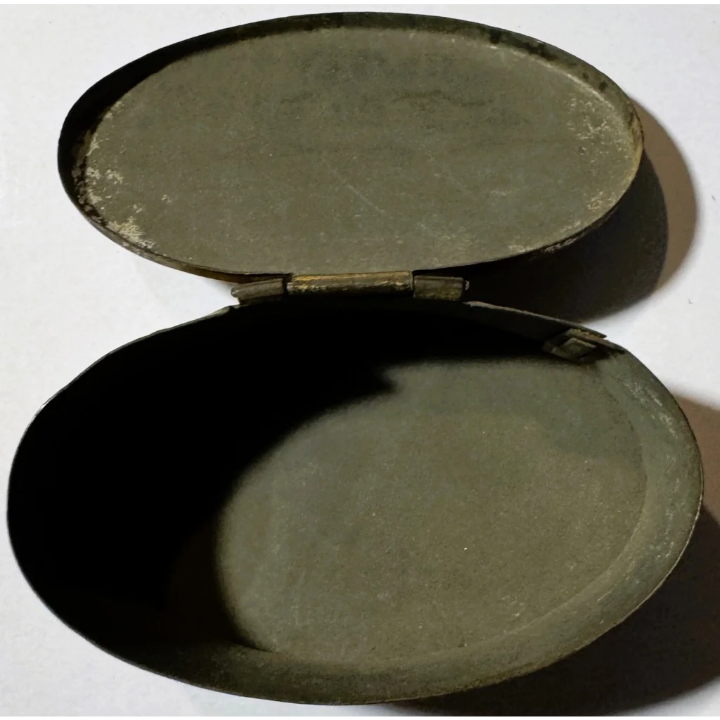 Olive green vintage compact mirror in brass tin box for personal items