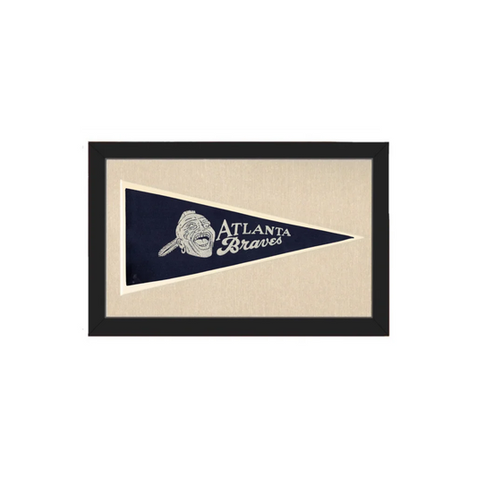 Vintage braves pennant in navy blue with white embroidered logo and text, framed in black, classic vintage pennants design