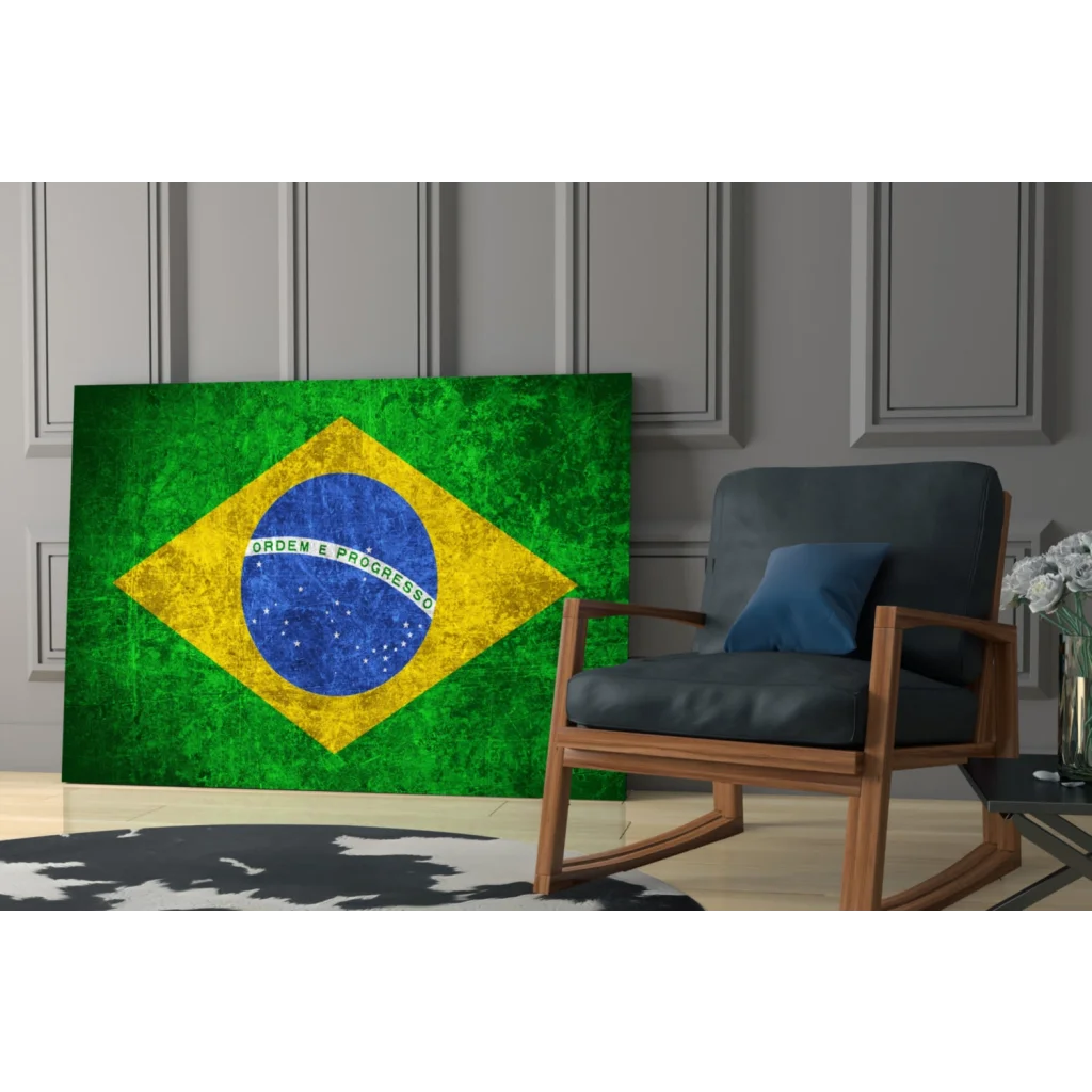 Vintage Brazilian flag canvas wall art in green yellow distressed texture