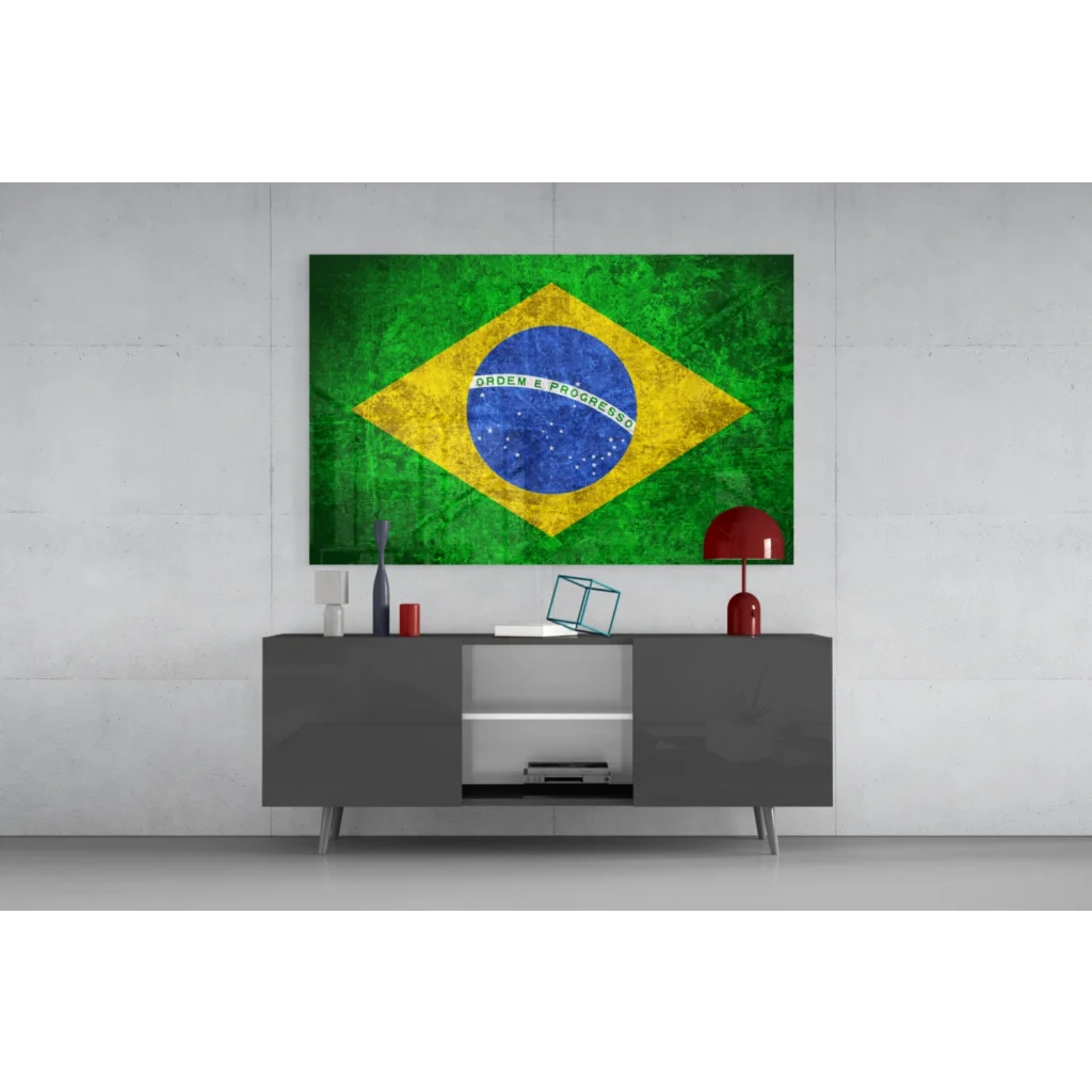 Vintage Brazilian flag canvas wall art with textured finish