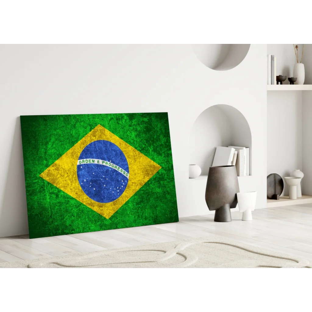 Vintage Brazilian flag canvas wall art with distressed texture