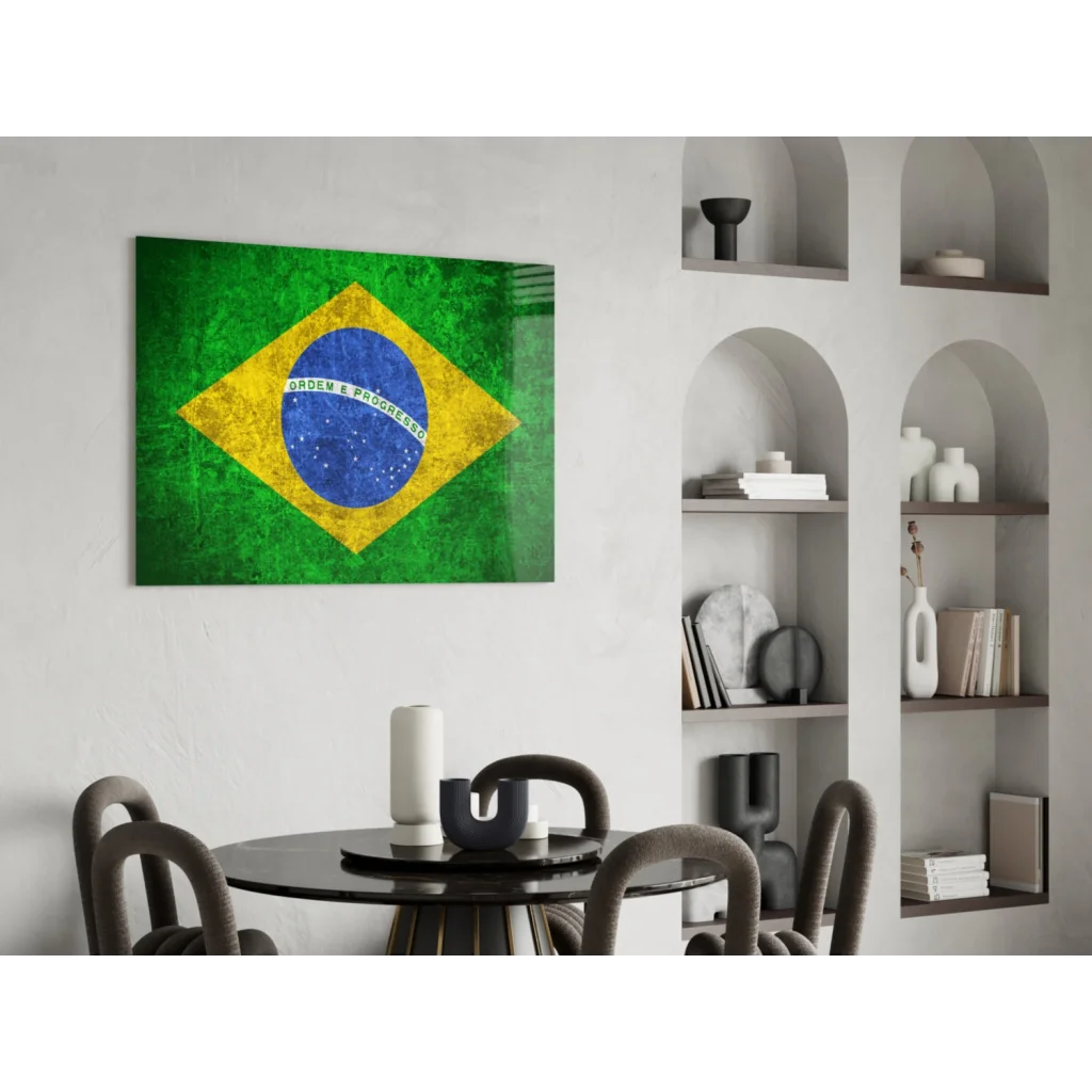 Vintage Brazilian flag canvas wall art with textured green diamond and globe