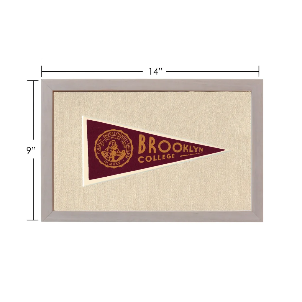 Vintage Brooklyn College pennant in maroon and gold, framed in gray