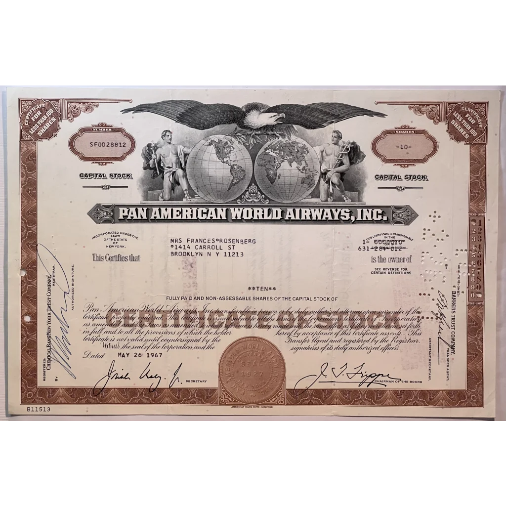 Vintage💎️ Brown Pan Am American World Airways Stock Certificate Icon RIP - Collectibles - Antique Vintage and Bond