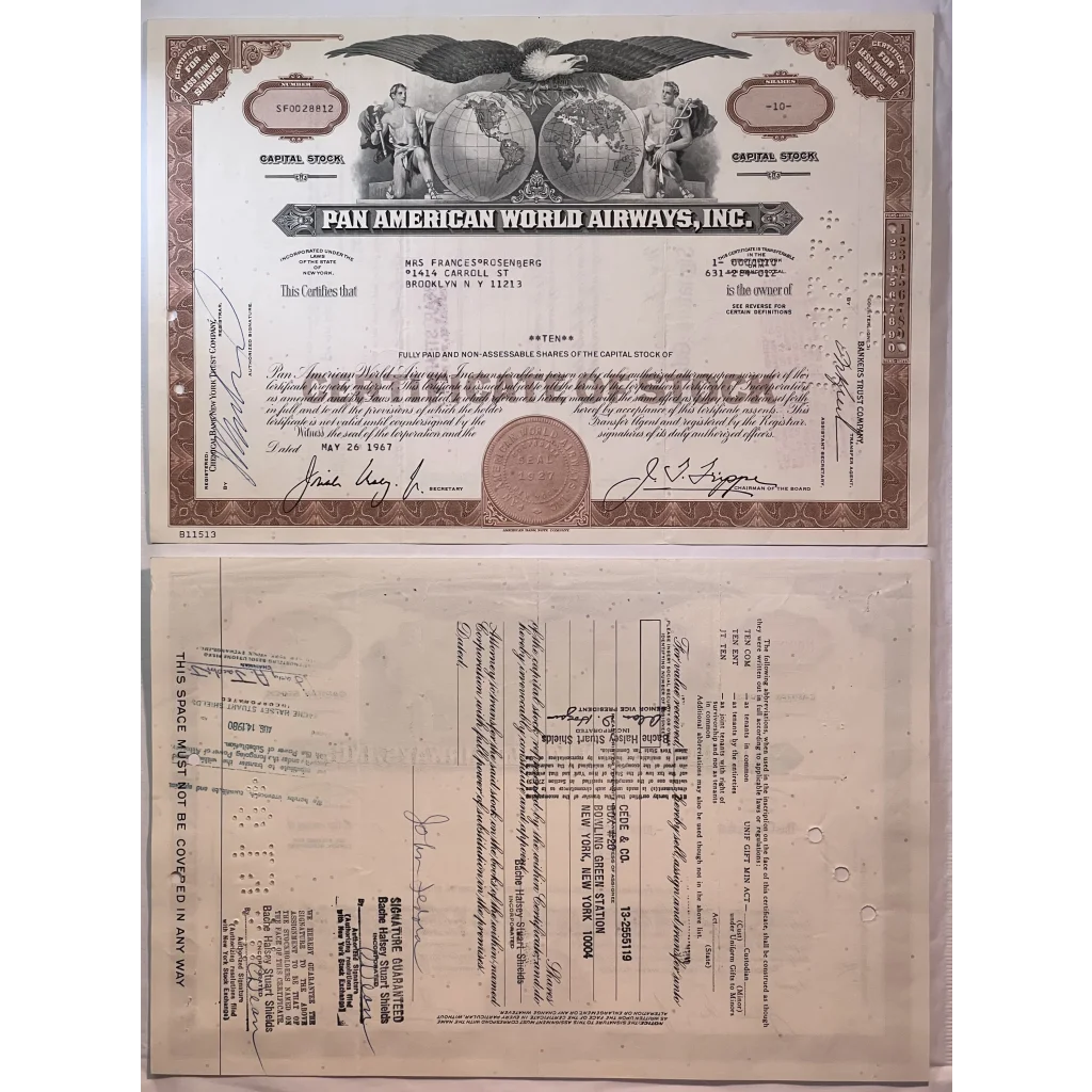 Vintage💎️ Brown Pan Am American World Airways Stock Certificate Icon RIP Collectibles Vintage and Antique Gifts