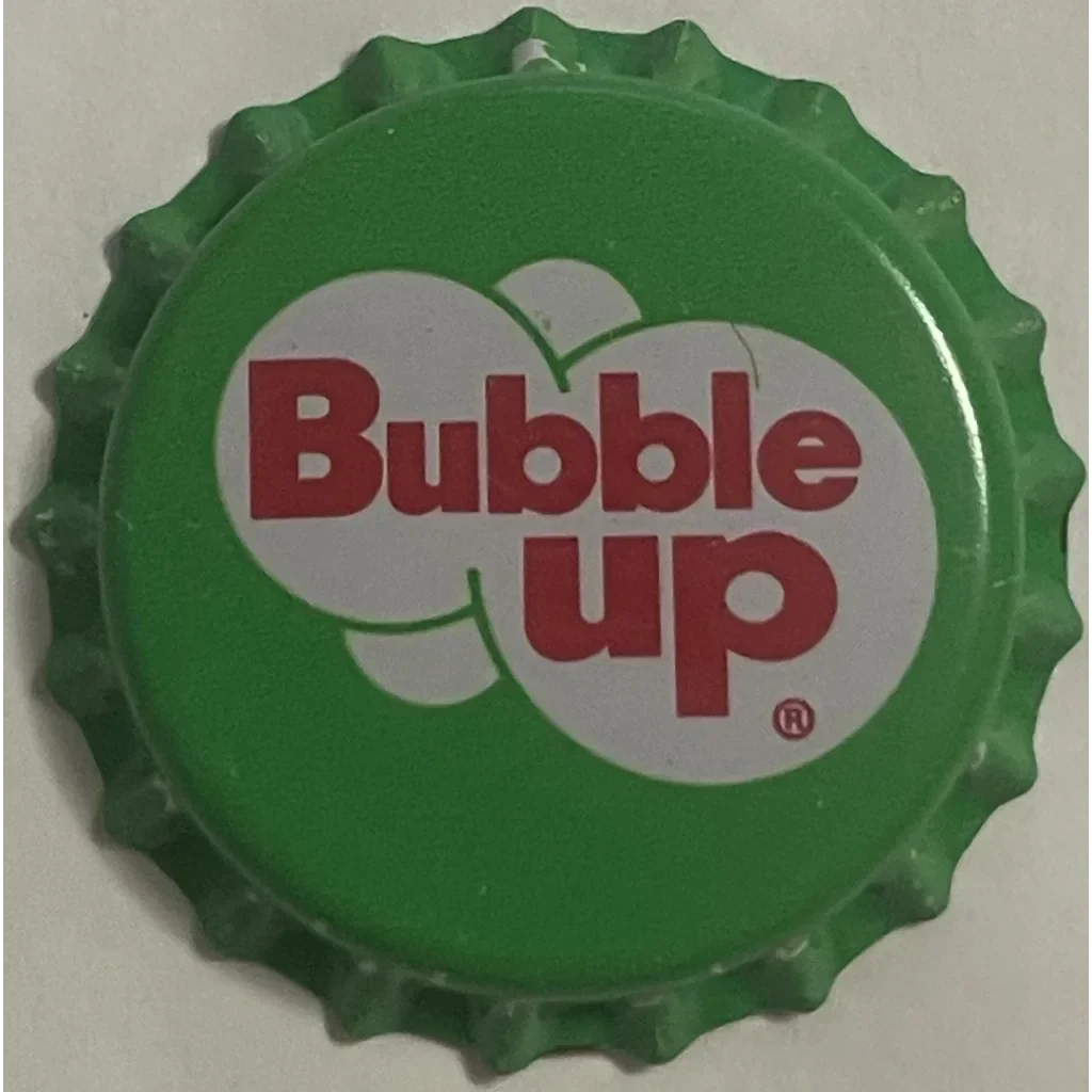 Green bottle cap featuring the Bubble Up logo, perfect for vintage bubble lovers