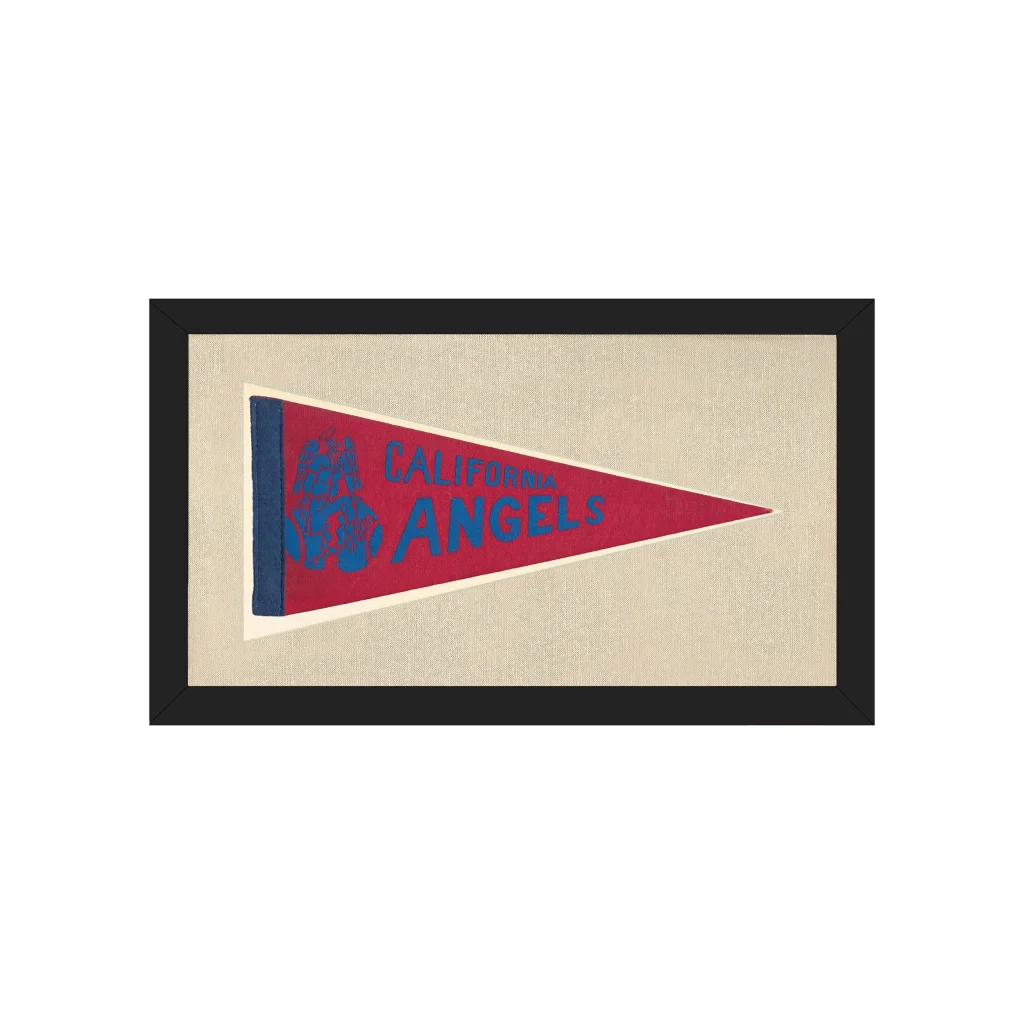 Framed red and blue California Angels pennant on textured beige background