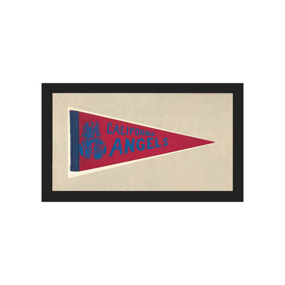 Framed red and blue California Angels pennant on textured beige background