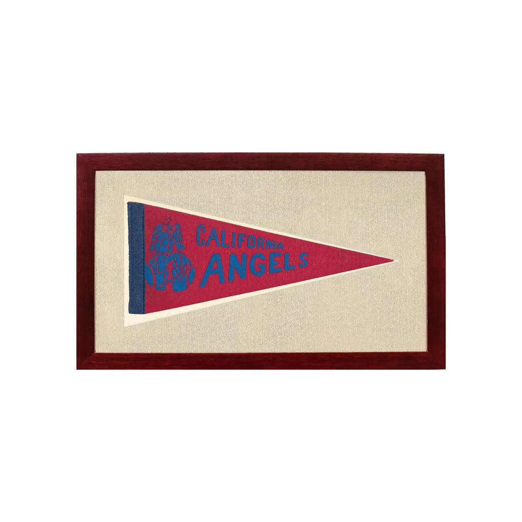 Framed vintage California Angels pennant in red blue with navy border