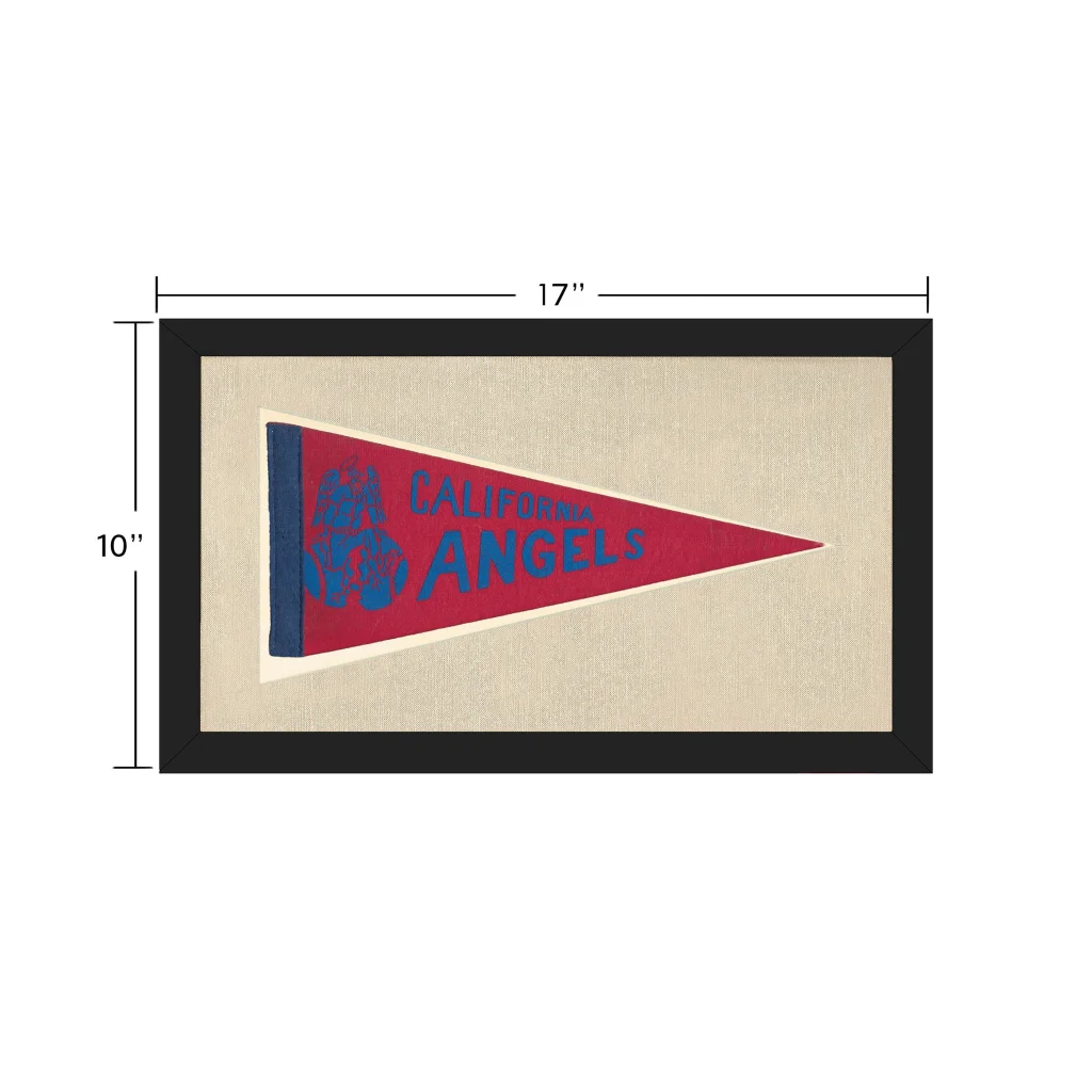 Framed vintage California Angels pennant in red and blue on beige