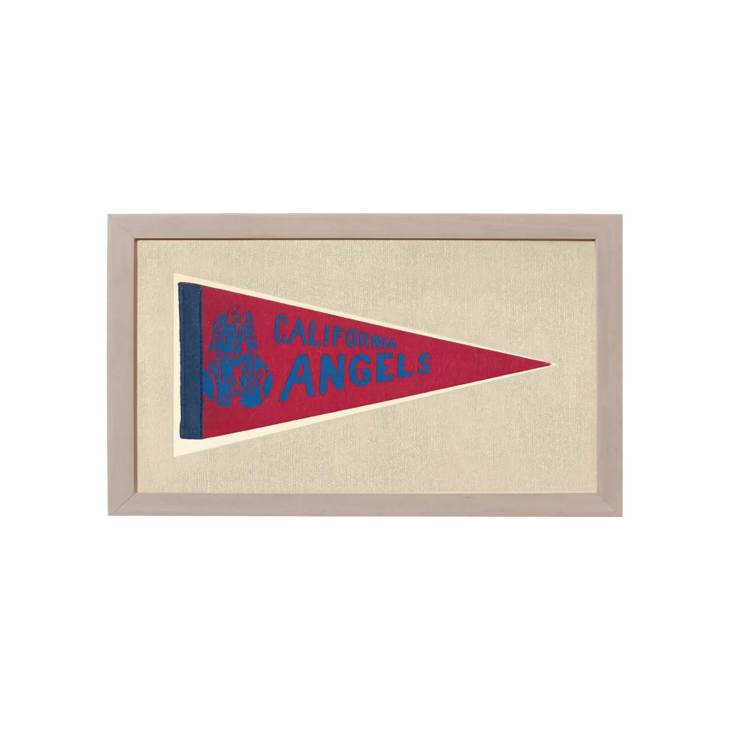 Framed vintage California Angels pennant in red and blue