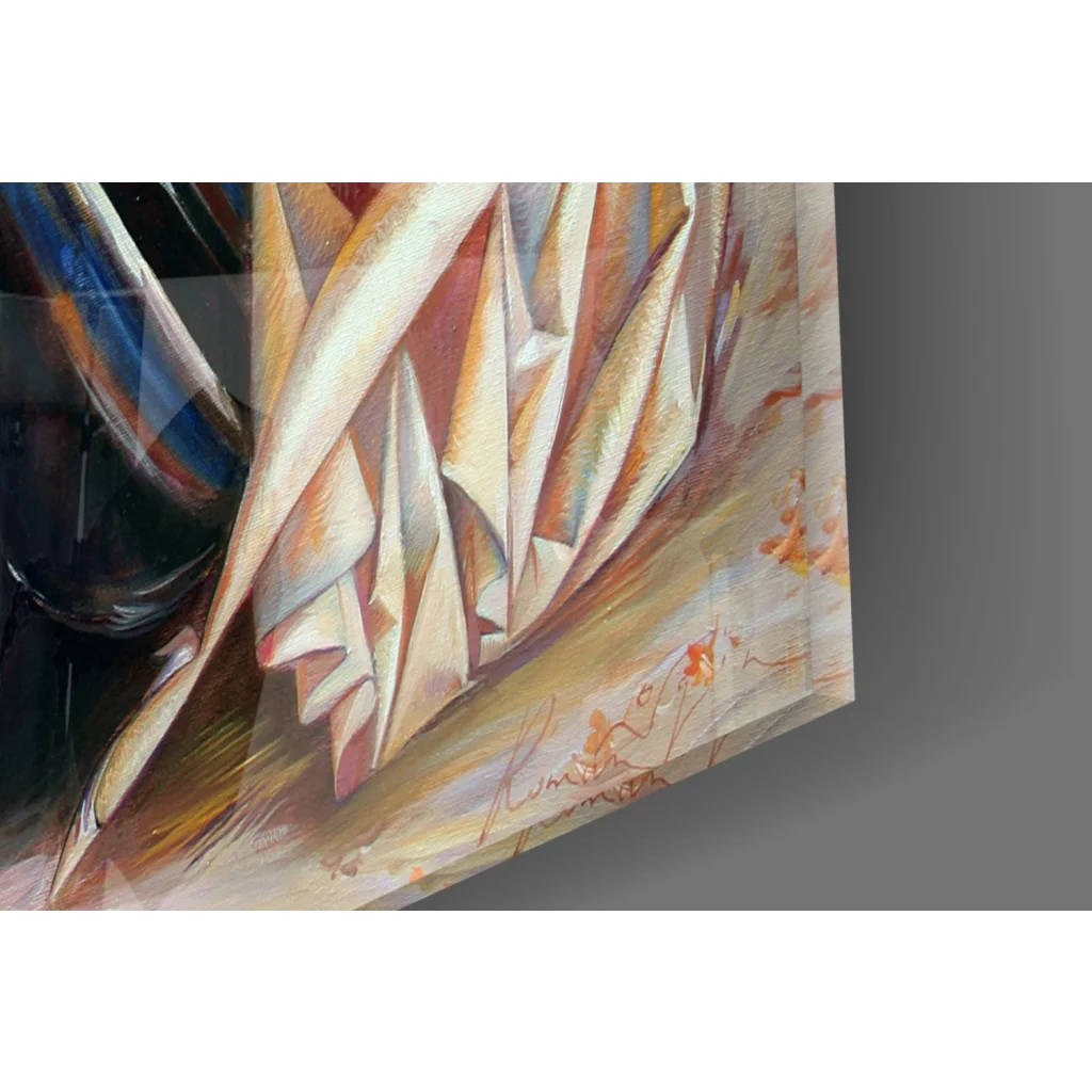 Abstract geometric oil painting in warm tones for Vintage Car Lady with Birds wall art