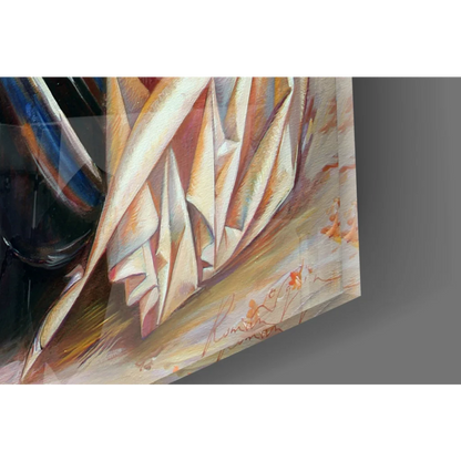 Abstract geometric oil painting in warm tones for Vintage Car Lady with Birds wall art