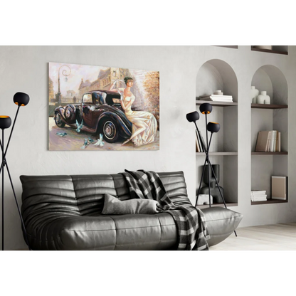 Vintage Car Lady with Birds black vintage car canvas wall art