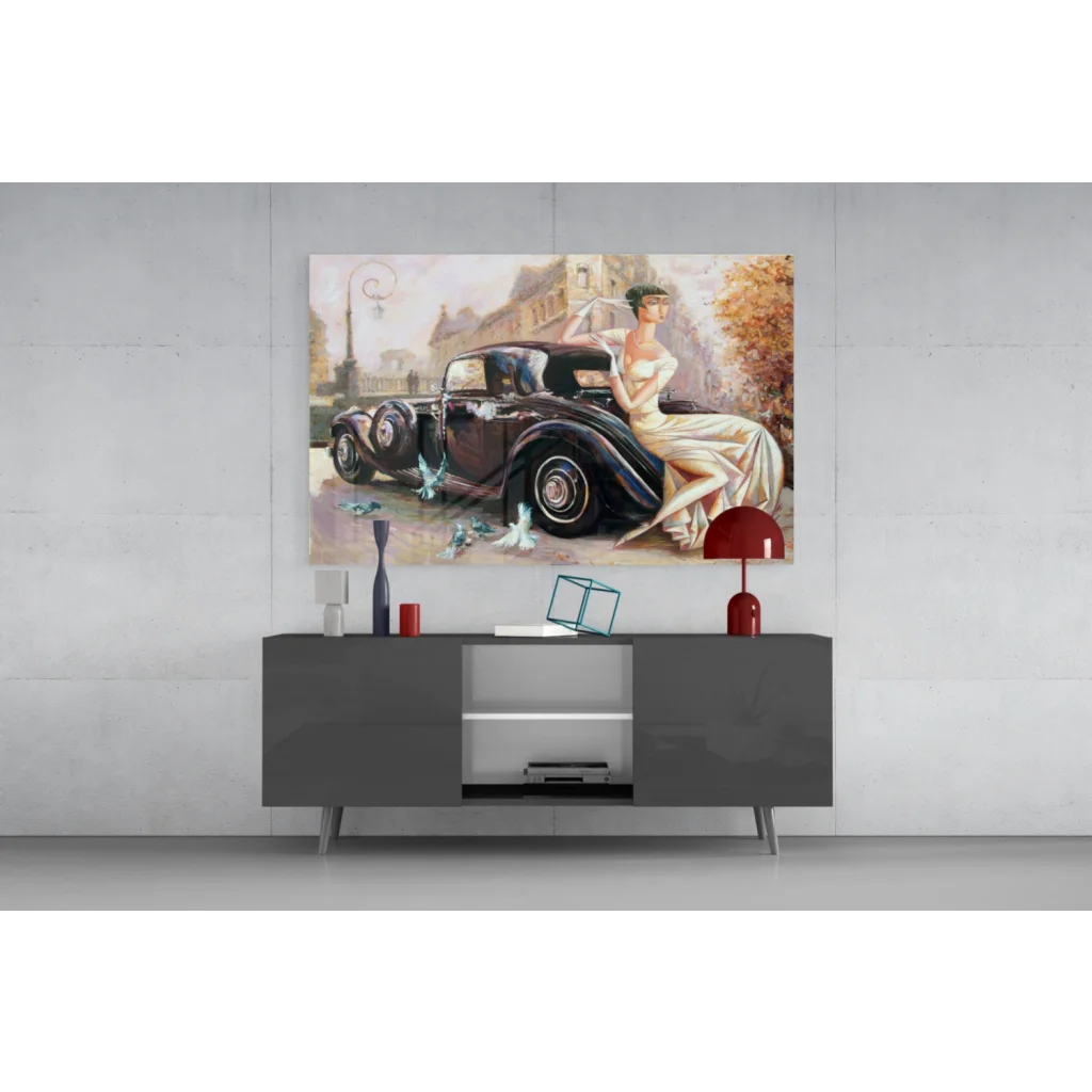 Vintage car lady with birds canvas wall art painting