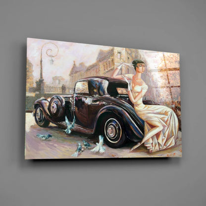 Elegant lady in gown by vintage car with birds canvas wall art