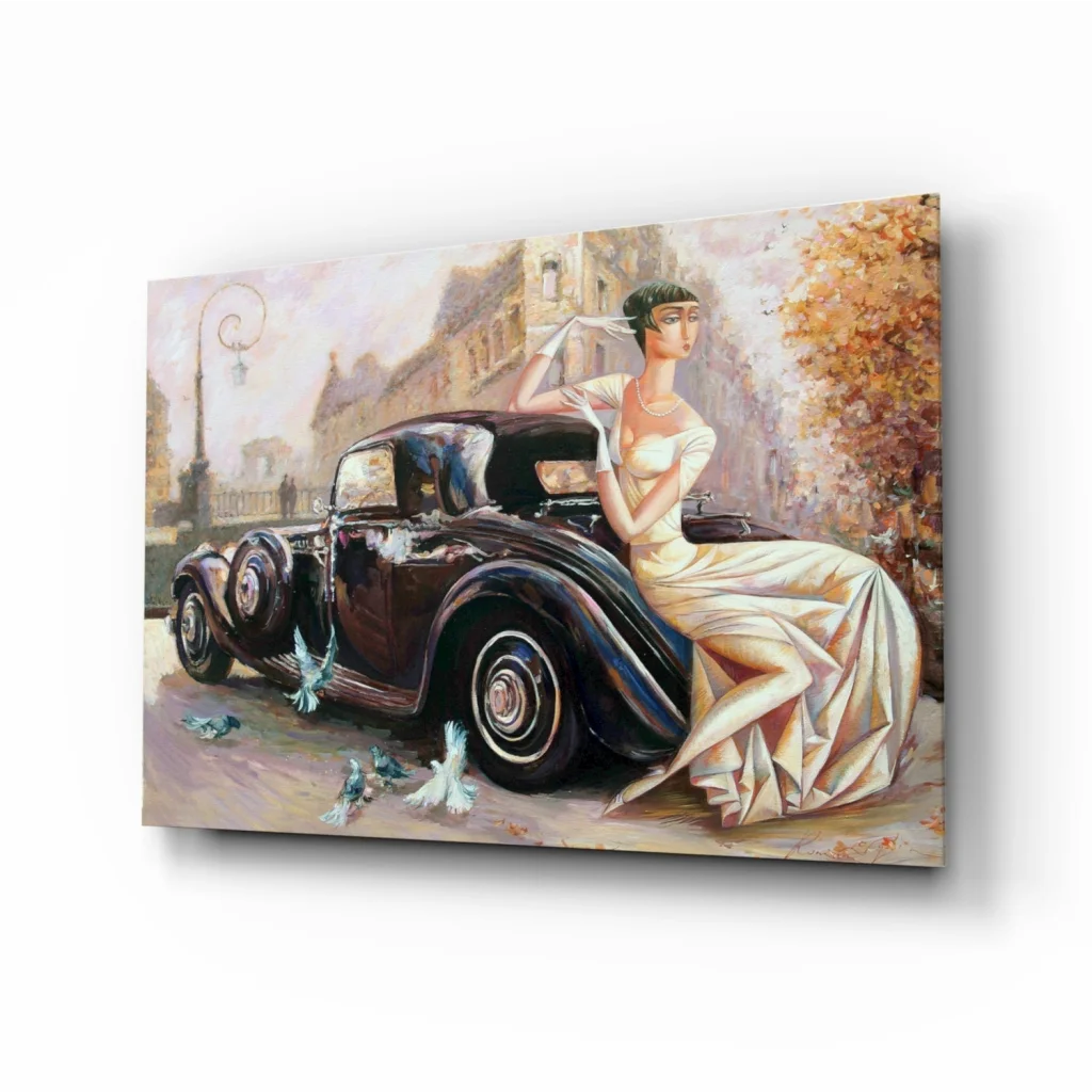 Elegant lady in cream gown by vintage black car with birds, canvas wall art