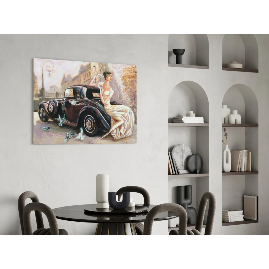 Vintage car lady with birds canvas wall art of elegant woman in white gown