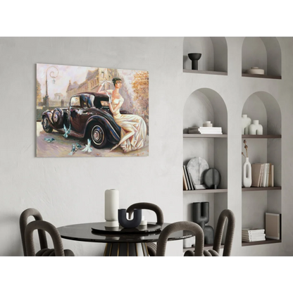 Vintage car lady with birds canvas wall art of elegant woman in white gown
