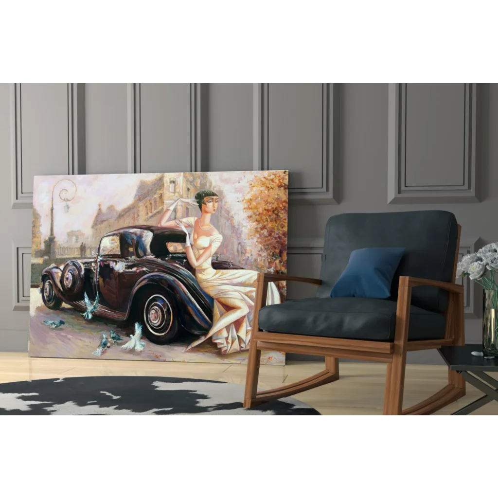 Vintage lady in white gown by classic car with birds wall art