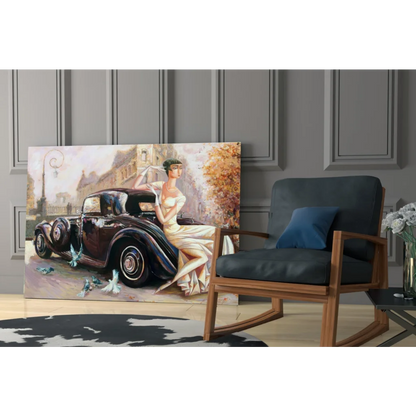 Vintage lady in white gown by classic car with birds wall art