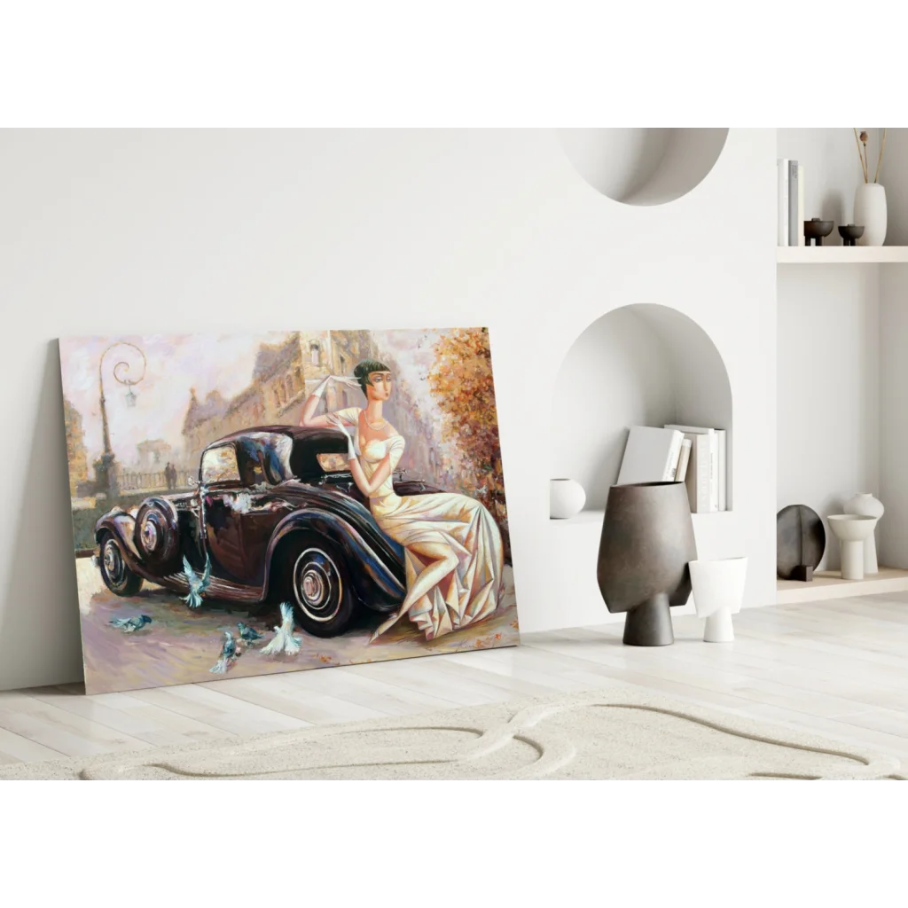 Vintage lady in white gown by classic car with blue birds wall art