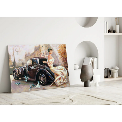 Vintage lady in white gown by classic car with blue birds wall art