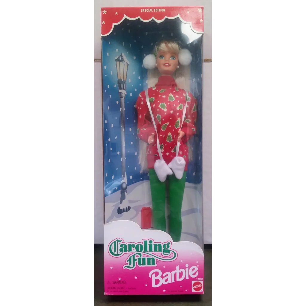 Vintage Caroling Fun Barbie doll in red green outfit with white fur trim