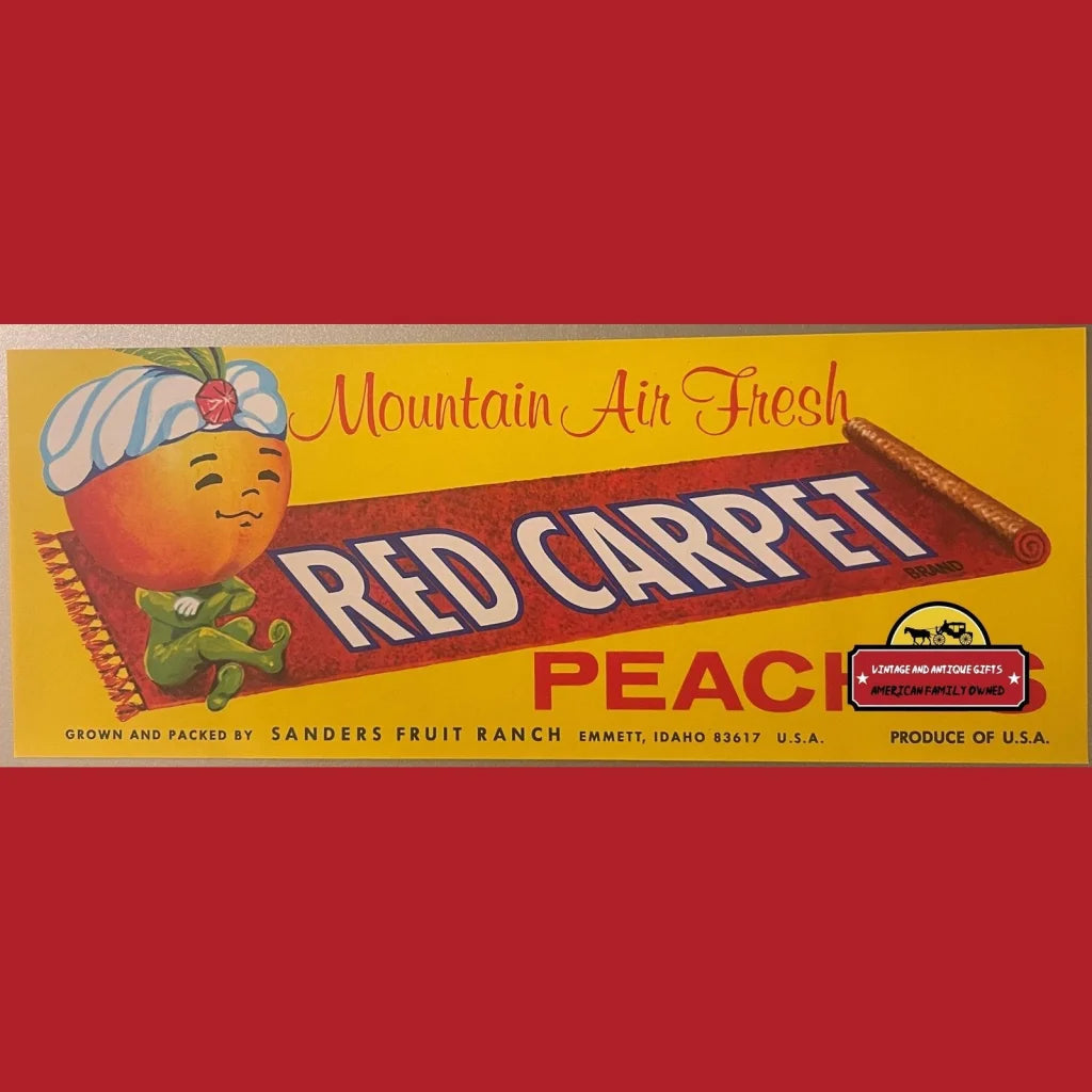 Vintage Red Carpet Crate Label Emmett Id 1960s Peach Genie Jinn! Advertisements Antique Food and Home Misc. Memorabilia