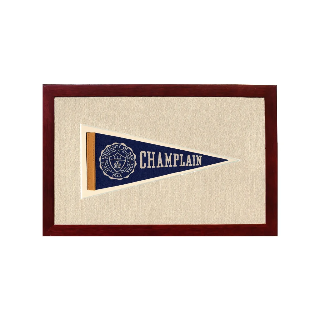 Vintage Champlain pennant: navy blue triangle with white lettering and wood frame