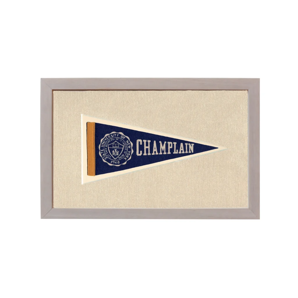 Vintage Champlain pennant in navy blue with white emblem