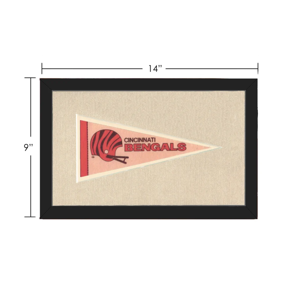 Vintage Cincinnati Bengals pennant in black frame on pink background
