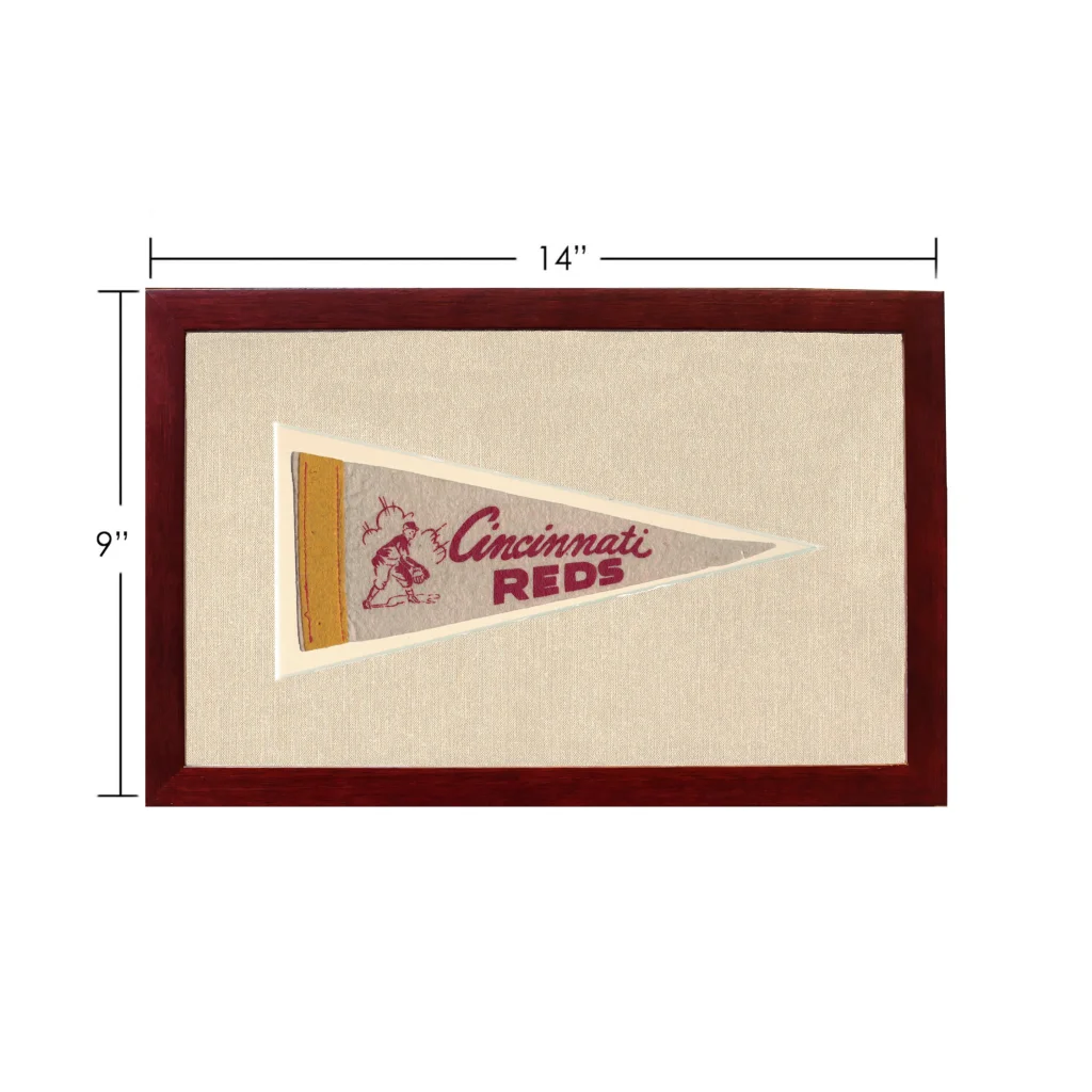 Framed vintage Cincinnati Reds pennant with red logo