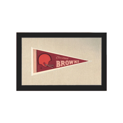 Vintage Cleveland Browns pennant in frame with red helmet on maroon background