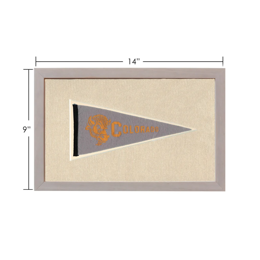 Vintage Colorado pennant with gray base, orange lettering and buffalo logo