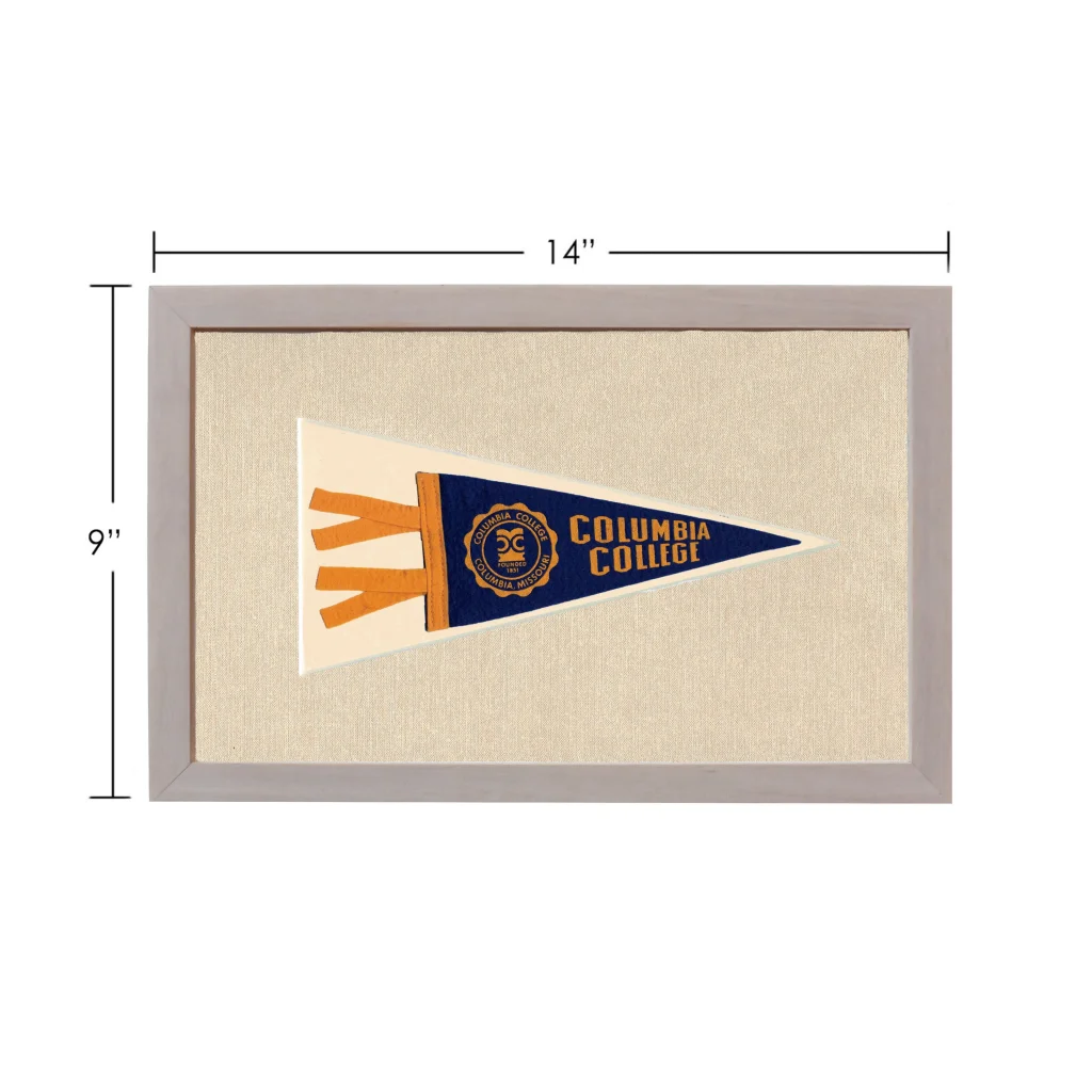 Vintage Columbia College pennant framed with navy blue field and gold trim