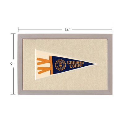 Vintage Columbia College pennant framed with navy blue field and gold trim