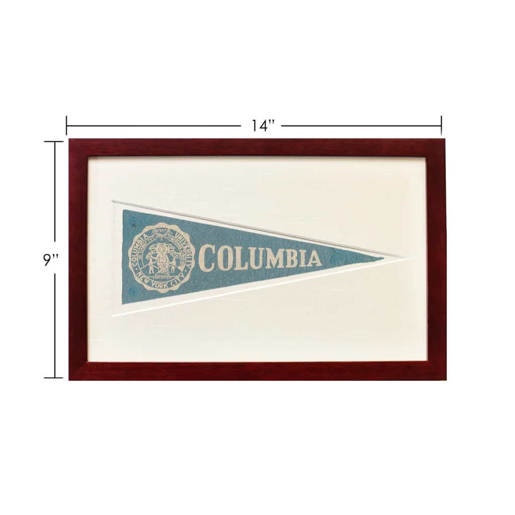 Vintage Columbia University pennant in dark wood frame