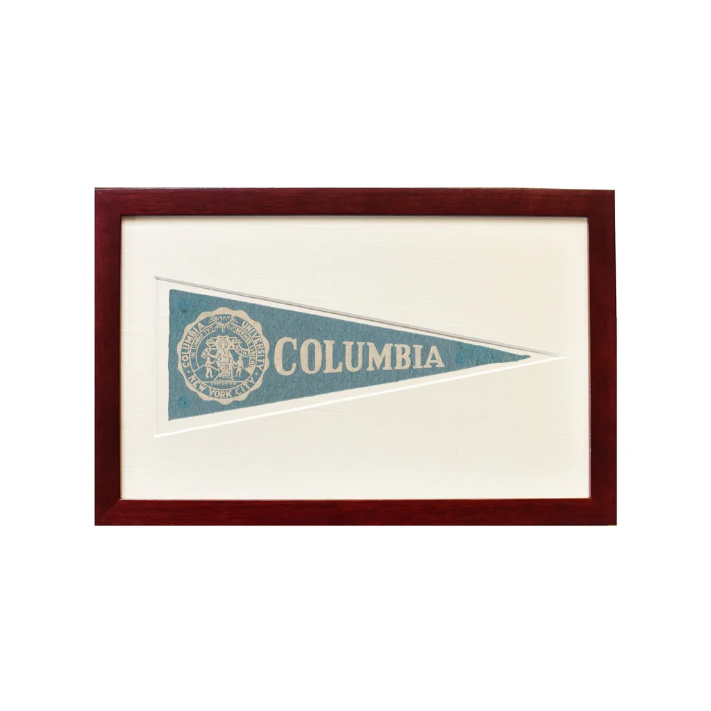 Vintage Columbia University pennant in dark wood frame