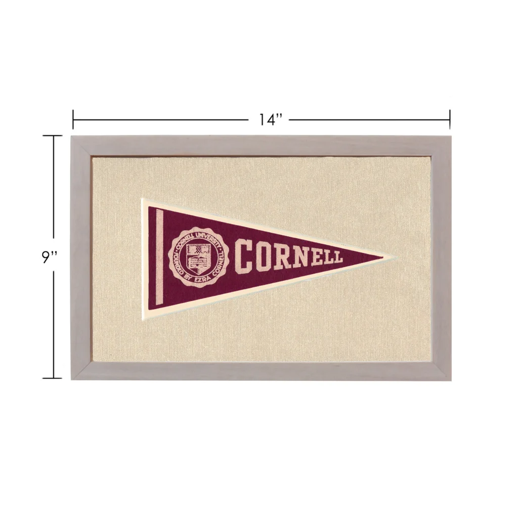 Vintage Cornell University pennant in maroon and cream, framed in gray